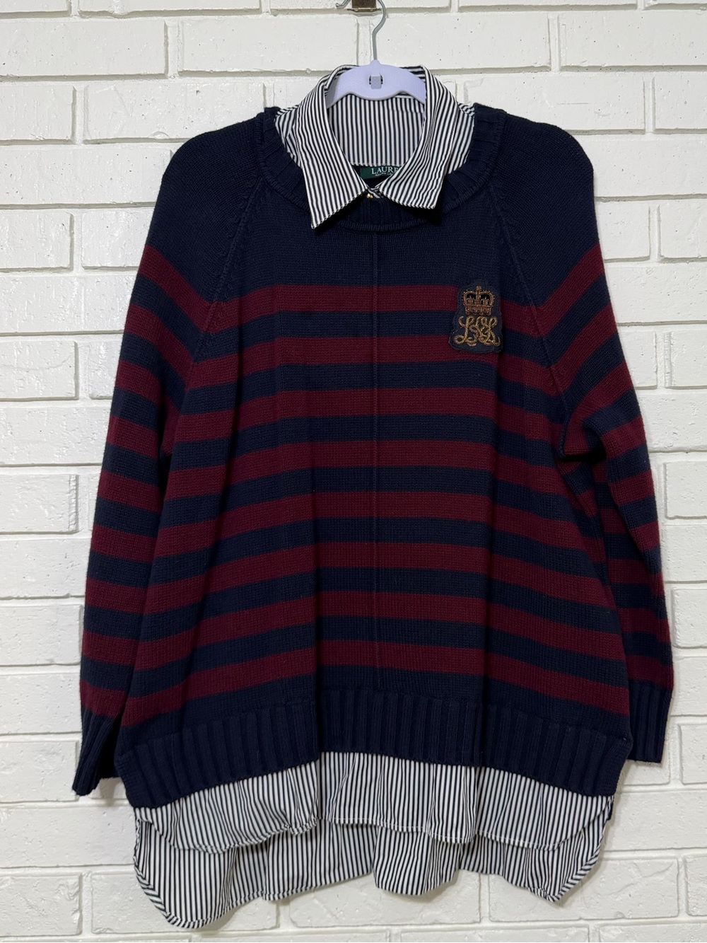 Lauren Ralph Lauren 2X Layered Look Striped Crest Sweater Navy Burgundy